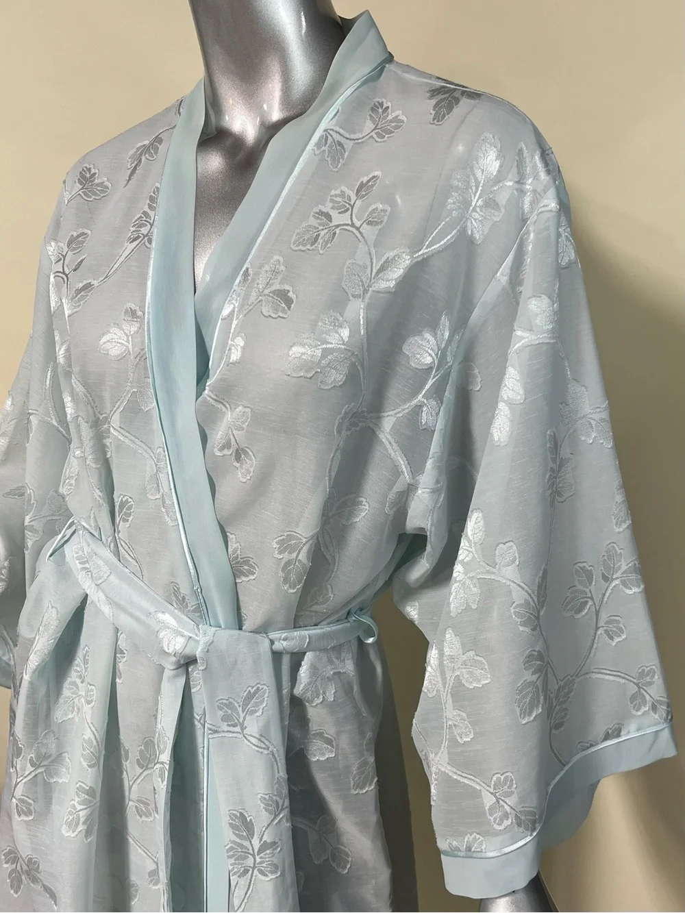 Oscar de la Renta Pink Label Floral Semi Sheer Aqua Light Blue Long Robe LARGE